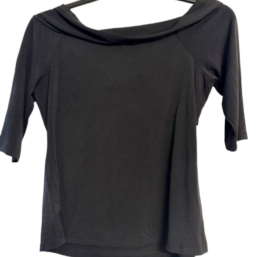 Cable & Gauge Black Draped Neck Blouse, 3/4 Sleeve Top Size M - Picture 2 of 3